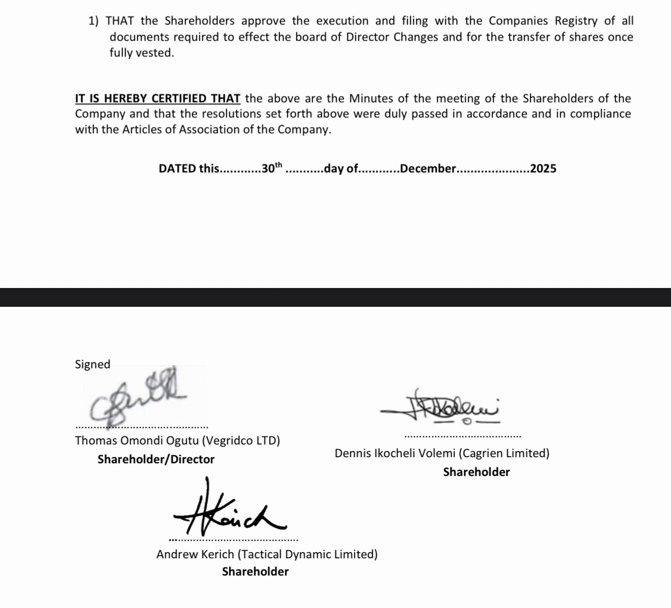 Signed shareholders' resolution — VeGridco, Cagrien and Tactical Dynamic