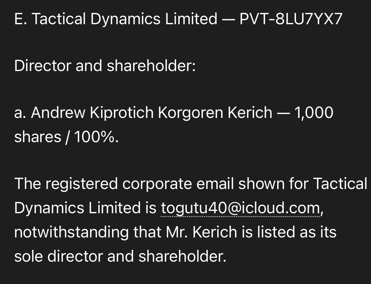 Tactical Dynamics Limited — Andrew Kiprotich Korgoren Kerich 100% shareholder